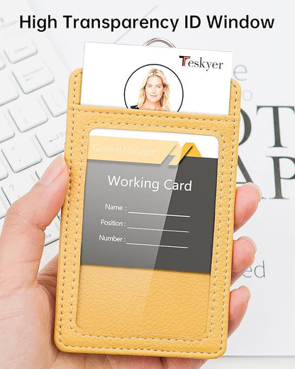 Teskyer Badge Holder with Lanyard, Leather ID Name Badge Card Holder with Lanyard for ID Badges, Vertical, Lychee Pattern Yellow