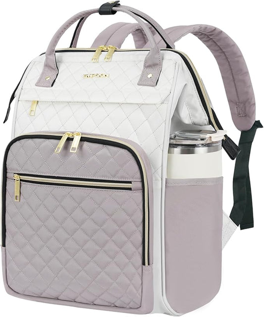 EMPSIGN 17 Inch Laptop Backpack for Women, Work Business Travel Computer College Bags, Large Capacity Water-repellent Quilted Casual Daypack, Beige-Dusty Pink