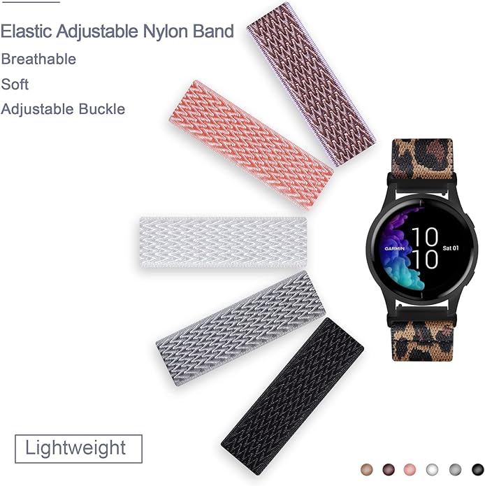 Compatible with Garmin Vivoactive 5 Band 20mm, Vivoactive 6/3, 10 Pack Nylon Watch Bands for Garmin Forerunner 165/55/245/Venu/Venu Sq/Venu 2 Plus Soft Stretchy Replacement Strap for Women Men