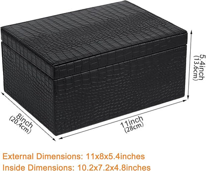 HofferRuffer Faux Leather Decorative Box, Large Wooden Structure Keepsake Box Accessory Organizer Jewelry Organizer with Hinged Lid, Storage Container for Home or Office (CrocoBlack)