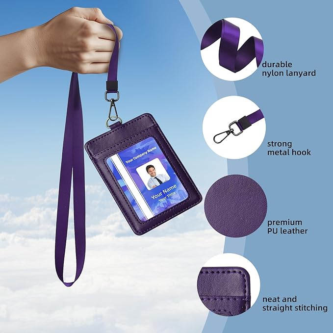 Leather Badge Holder with Adjustable Lanyards,Swivel Metal Clasp for Offices, Staff, Students, Employees(Purple)