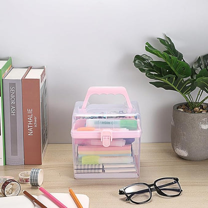 BTSKY Multipurpose Plastic Craft Storage Containers with Removable Tray, Clear Plastic Storage Box with Lid & Handle, Easy Carry & Stack Small Storage Container, 6.3x5.6x6.3 Inch, Square-Pink