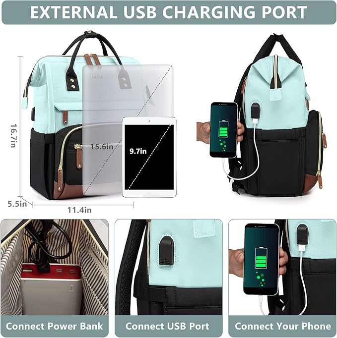 Laptop Backpack for Womem Work Bags: 15.6 Inch Travel BackPacks With USB Charging Port Durable Back Pack Anti Theft Fashion College BookBag Purse Bussiness Daypack for Nurse Teacher Light Blue Black