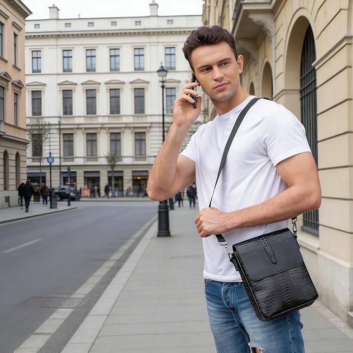 NIUCUNZH Leather Flap Messenger Bag for Men Small Crossbody Shoulder Bag,Novelty Crocodile Embossed
