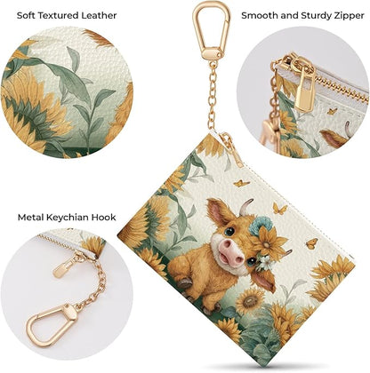 Highland Cow Cattle Keychain Coin Purse for Women, Small PU Leather Change Pouch, Zipper Little Tiny Travel Wallet for Girls, Cute Kawaii Zip Pocket Coin Holder with Key Ring