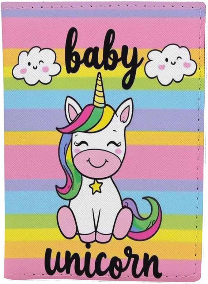 Rainbow Unicorn Passport Holder for Travel Colorful Stripes PU Leather Passport Cover Wallet Cute Passport Card Holder for Women and Men