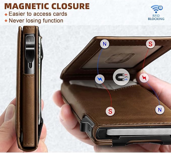 Genuine Leather Wallet for Men Slim Magnetic Flip Bifold with Money Clip and Metal Card Case Holds 9 Cards Ideal for Gifts and Daily Use (Tiger Eye)