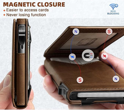 Genuine Leather Wallet for Men Slim Magnetic Flip Bifold with Money Clip and Metal Card Case Holds 9 Cards Ideal for Gifts and Daily Use (Tiger Eye)