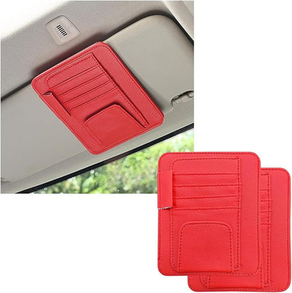 Dickno 2PCS Small Leather Car Sun Visor Organizer, Multifunctional Auto Visor Document Holder with Sunglasses Clip, Universal Car Interior Organizer for Drving License, Card, Pen (Red)