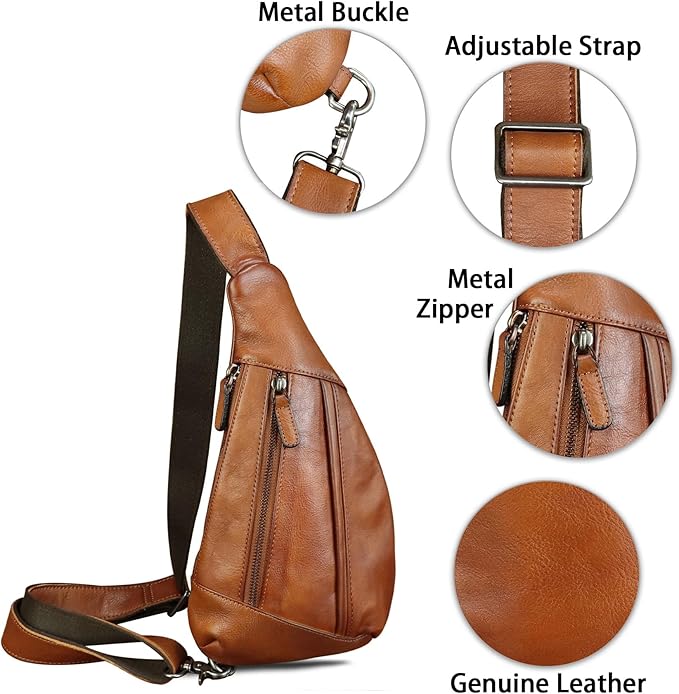 Genuine Leather Sling Bag for Men and Women Vintage Real Leather Crossbody Chest Bags Backpack Purse for Travel Hiking