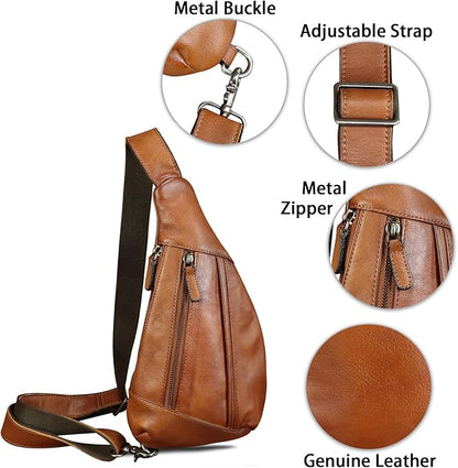 Genuine Leather Sling Bag for Men and Women Vintage Real Leather Crossbody Chest Bags Backpack Purse for Travel Hiking
