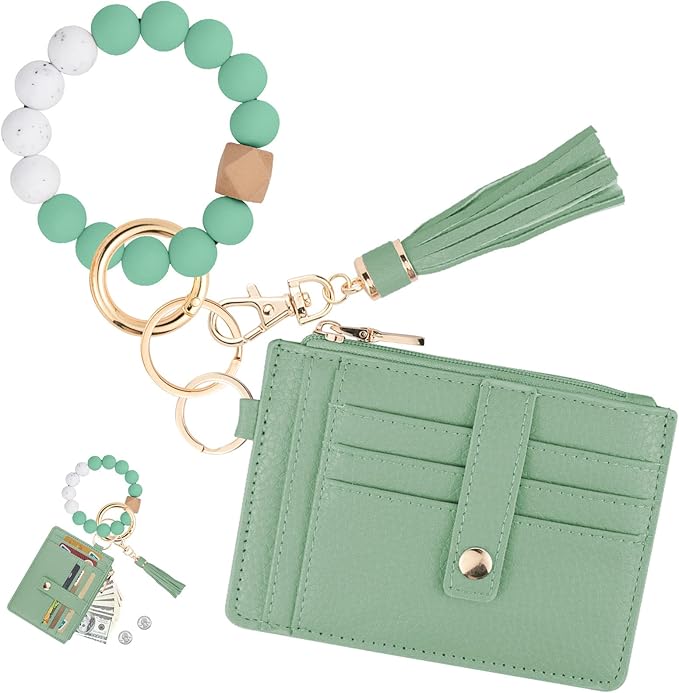 KNGITRYI Wallet Keychain Wristlet for Women,Slim RFID Credit Card Holder Purse Tassel Keychain Bangle Key Ring for Men Women