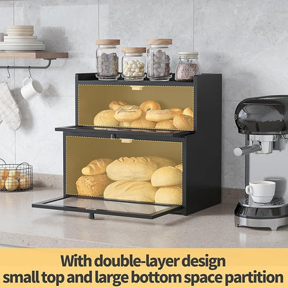 Double Layer Bamboo Bread Box for Kitchen Counter,Bread Holder,Countertop Bread Storage with Window (Black)