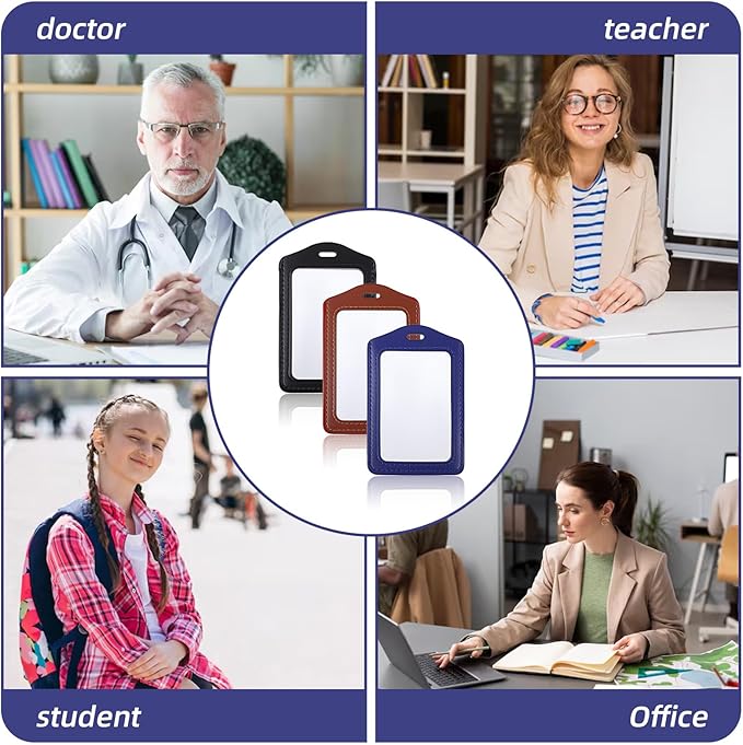 3 Pcs Leather ID Badge Holder, Vertical ID Card Holders Double-Side Clear Card Holder Waterproof Name Badge Holders for Office Staff Employees Doctors (Black, Blue, Coffee)
