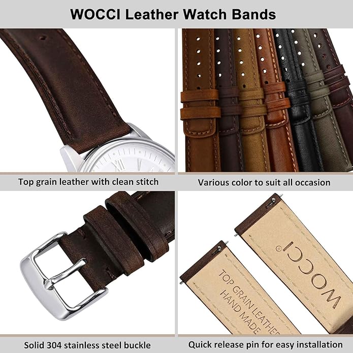 WOCCI Quick Release Watch Band, Distressed Genuine Leather, Stainless Steel Buckle, Strap Width 18mm 19mm 20mm 22mm 24mm