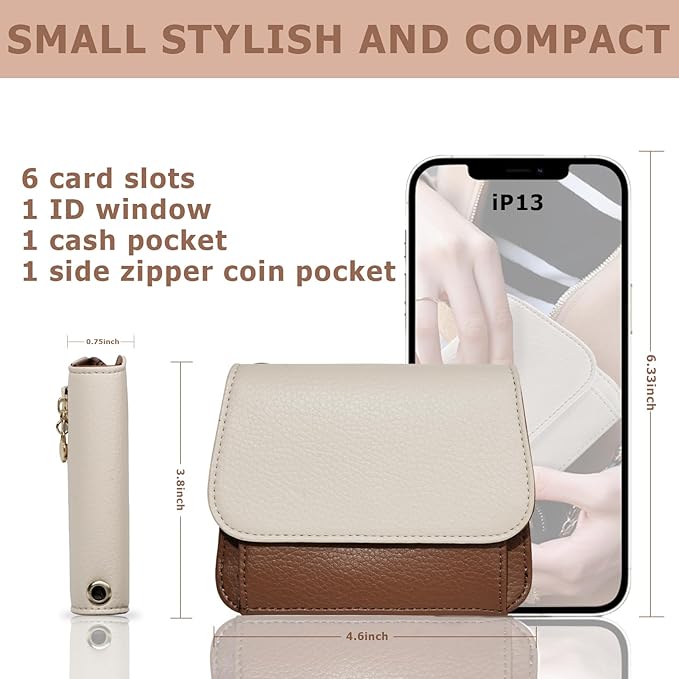 Women Small Wallet RFID Blocking Slim Wallet with Coin Pocket Tri-Fold Credit Card Holder with ID Window and Keychain(Beige＆Brown)