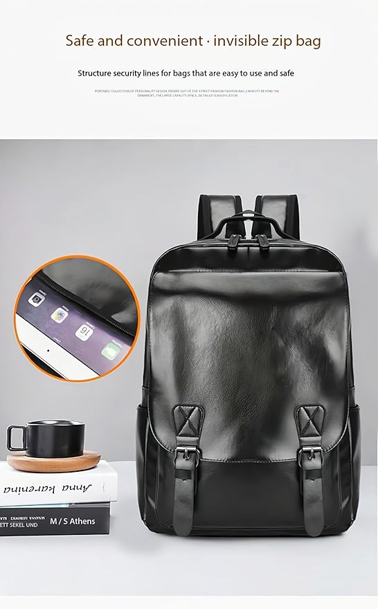 Unisex PU leather laptop bag work business bag hiking backpack leisure day bag university schoolbag (Large,Black 5)