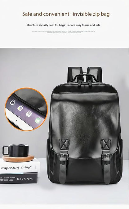 Unisex PU leather laptop bag work business bag hiking backpack leisure day bag university schoolbag (Large,Black 5)