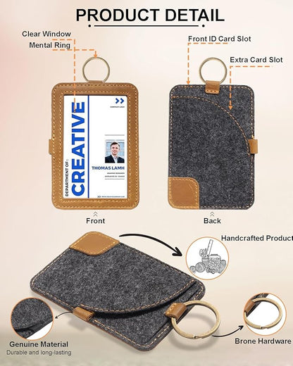 Genuine Badge Holder with Leather Lanyard, Soft Leather ID Card Holder with a Detachable Metal Clip, Clear Window, 2 Card Slots for Office & School IDs, Work Name Cards (Golden-Brown 03)