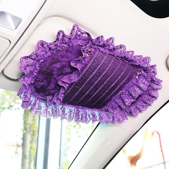 Plush Lace Vehicle Sun Visor Organizer Clip,Cute CD Holder Storage Case, Multifunctional Auto Card Sleeve Pocket Bag, Universal for Car (5)