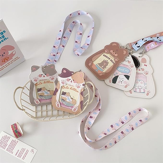 Cute Badge Holder Lanyard Cartoon Cat ID Card Holder Kawaii ID Badge Keys Lanyard Strap Neck Lanyard PU Leather Badge Holder for Women Girls Boys (Cat-1)
