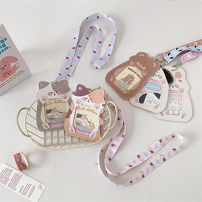 Cute Badge Holder Lanyard Cartoon Cat ID Card Holder Kawaii ID Badge Keys Lanyard Strap Neck Lanyard PU Leather Badge Holder for Women Girls Boys (Cat-1)