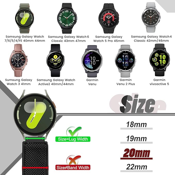 20mm Quick Release Elastic Band Compatible with Samsung Galaxy Watch 7 6 5 4 40mm 44mm/Garmin Vívoactive 6/5/3/3 Music/Forerunner 570 42mm/55/158/165/245/645/Amazift Active 2/Active/T-Rex 3 Pro 44mm