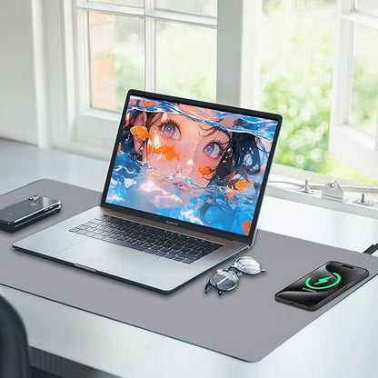 Desk Mat with Wireless Charging, Grey Mouse Pad with Wireless Charger, Desk Pad Matt for Desktop, Mousepad Gaming Large Mouse Pad, Leather Compute for Keyboard and Mouse, 32" x 16"