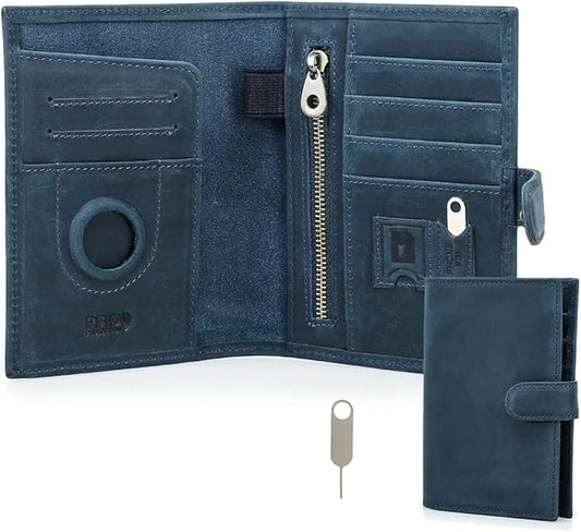 CONTACTS Full Grain Leather Passport Holder Compatible with Airtag RFID Blocking Passport Wallet Travel Slim Passport Cover with SIM Card Removal Tool (Blue)