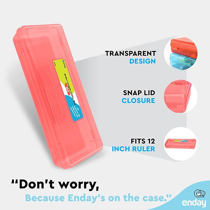 Enday Pencil Box Red, Storage Organizer Utility Box, Multipurpose Long Ruler Length School Office Supplies Plastic Pencil Case for Kids & Adults Available in Red, Pink, Green, Purple, Blue, 1PK