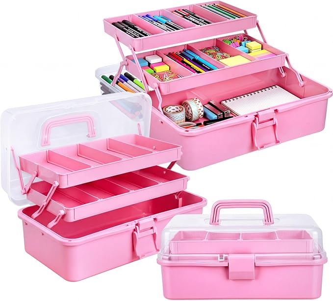 2 Pcs 13 Inch 3-layer Multipurpose Craft Organizers Storage Portable Plastic Tackle Box with Adjustable Spacers and Handled Folding Art Craft Case for Sewing Art Supply Medicine (Pink)