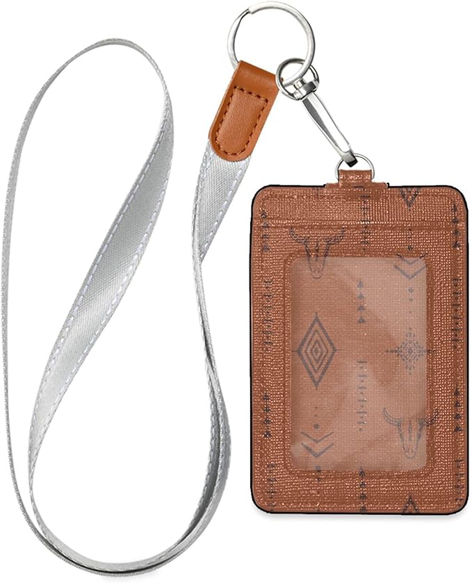 Badge Holder, Western Bull Boho PU Leather School College Business ID Badge Card Holder Wallet Case with 1 Clear Card Window, 2 Credit Card Slots and Detachable Neck Lanyard - Vertical