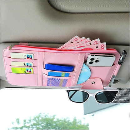 Augeny Car Sun Visor Organizer, Leather Personal Belonging Storage Pouch with Zipper, Car Visor Storage Pouch Sunglasses Holder, Auto Interior Accessories Pocket Organizers (Pink)