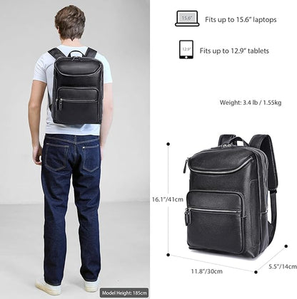 LANNSYNE Leather Backpack For Men, 15.6" Leather Laptop Backpack Hiking Travel Bag Camping Rucksack
