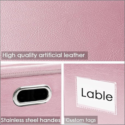 PRANDOM Collapsible Storage Box with Lid [3-Pack] Leather Fabric Foldable Storage Bin Organizer Container Basket Cube with Cover for Home Bedroom Closet Office Nursery Pink(13.6x9.6x6.9)