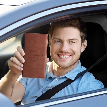 Car Accessories Registration and Insurance Holder,Leather Essential Card Magnetic Shut Vehicle Glove Box Organizer Case for Auto Driver License Document Truck Motorcycle Boat Men Women-Brown