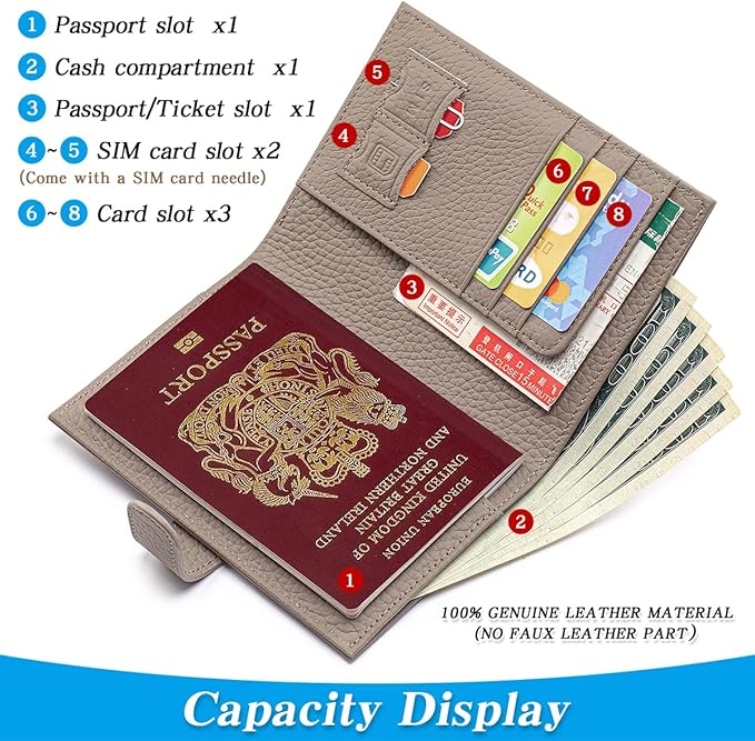 Passport Holder for Travel Women RFID Blocking Genuine Leather Passport Wallet with Card Slots, Zipper Coins Pocket, Cash Holder, Grey