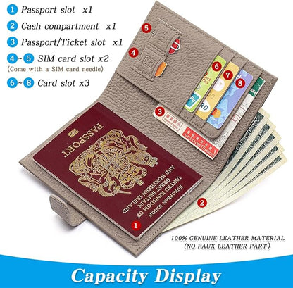 Passport Holder for Travel Women RFID Blocking Genuine Leather Passport Wallet with Card Slots, Zipper Coins Pocket, Cash Holder, Grey