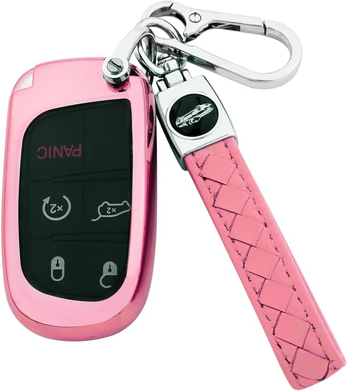 XIYANG TRADE for Jeep Key Fob Cover with Keychain,Soft TPU Key Case Shell Full Protection for Grand Cherokee Renegade Chrysler 200 300 Dodge RAM Durango Challenger Journey Dart Compass Charger(Pink)