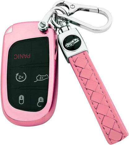 XIYANG TRADE for Jeep Key Fob Cover with Keychain,Soft TPU Key Case Shell Full Protection for Grand Cherokee Renegade Chrysler 200 300 Dodge RAM Durango Challenger Journey Dart Compass Charger(Pink)
