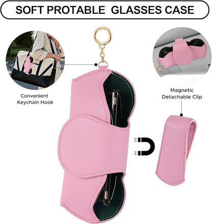 KINIVA Sunglasses Holder for Car Visor with Hanging Hook Portable Leather Glasses Storage Bag with Detachable Clips
