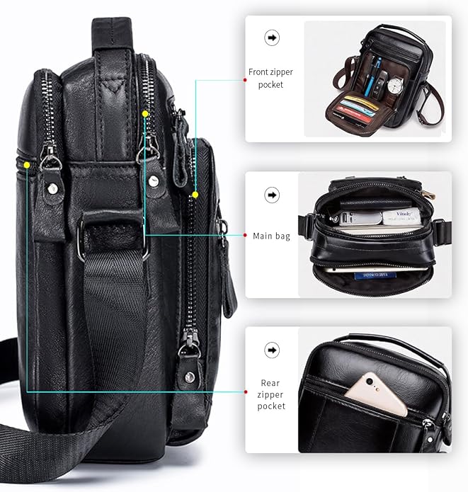 Men's Vinatge Leather Crossbody:Compact with Organized Pockets,Stylish & Functional for Everyday Carry