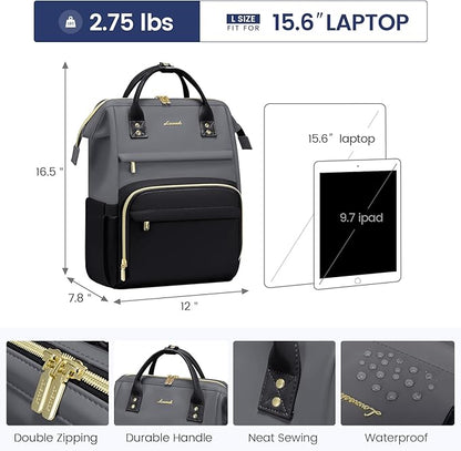 LOVEVOOK Leather Backpack for Women,15.6 inch Leather Laptop Backpacks Women,Professional Work Backpacks Nurse College Teacher Bag,Womens Laptop Bag Computer Travel Backpack Purse,Smoky Gray-Black