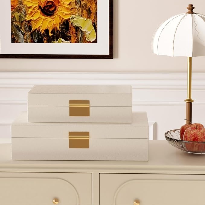 Decorative Storage Boxes Set of 2 - Multi-Purpose Beautiful PU Leather Organizer Bins for Your Home Decor - Decorative Containers with Lids Store Photos, Documents, Memory Box Keepsakes (Beige)