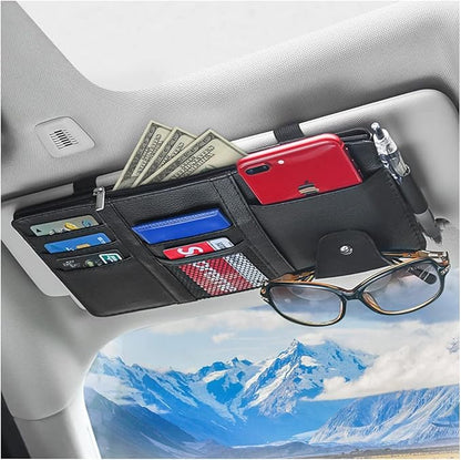 Car Sun Visor Organizer, Leather Storage Pocket Sun Visor Pouch with Zipper for Cards License Registration Pen Glasses Document, Fits Most Car SUV, Auto Interior Accessories for Men Women (Black)