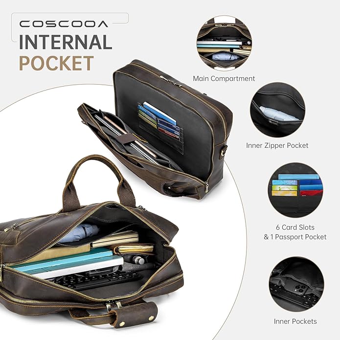 Large Full Grain Leather Briefcase Convertible Backpack For Men Business Travel Case Messenger Bag Fits 17.3" Laptop
