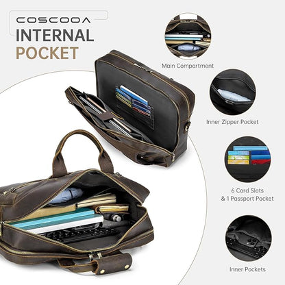 Large Full Grain Leather Briefcase Convertible Backpack For Men Business Travel Case Messenger Bag Fits 17.3" Laptop