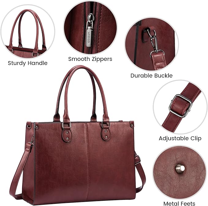 LOVEVOOK Laptop Tote Bag for Women, 15.6 Inch Large Capacity Vintage Leather Work Computer Bag, Business Casual Shoulder Handbag, Wine Red