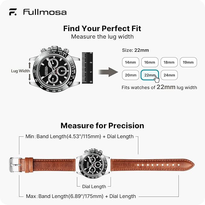 Fullmosa Watch Band, Quick Release Leather Watch Strap for Men Women, Replacement Bands Width 12mm 14mm 16mm 18mm 19mm 20mm 21mm 22mm 24mm