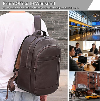 Large Capacity Genuine Leather Backpack for Men, 15.6 Inch Laptop Daypack Business Travel Shoulder Bag, Brown